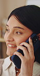 Phone call, happy and woman in home with communication, catch up or gossip on weekend in living room. Smile, cellphone and person on mobile conversation for connectivity, contact or update in house.