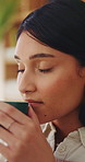 Smelling, coffee and woman in home for aroma for relax, calm or peaceful morning with planning. Caffeine scent, reflection and person drinking warm beverage for nostalgia, memory or remember at house