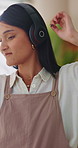 Headphones, dancing and happy woman in home living room with energy, smile and music playlist. Student, female person and audio equipment for streaming, good mood and beat with rhythm and moves