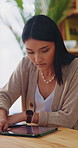 Woman, tablet and remote work in home with laptop, digital marketing insight and report for campaign. Creative, freelancer and person in house with tech, online advertising info and project research.