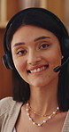 Call center, face and happy woman in home with headset, remote work and about us in crm service. WFH, mic or online consultant with confidence, virtual assistance or pride in customer support.