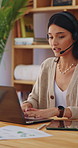 Call center, headset or woman in home office with laptop, crm service or investment advice in remote work. WFH, talking or finance consultant with mic, online banking or contact us with loan support.
