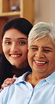 Face, caregiver and old woman in nursing home with smile, assisted living or medical support. Portrait, house or person in retirement with nurse for trust, homecare service or laugh with healthcare