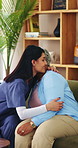 Support, happy nurse and hug with old woman in home, assisted living or trust with medical care. Embrace, house or person in retirement with caregiver for comfort, homecare gratitude or healthcare