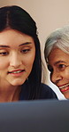 Tablet, talking and senior woman with caregiver for social media, digital app and network connection. Old person, carer and tech with laugh, funny post and learning to use internet on house visit