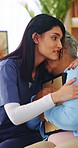 Picture frame, caregiver and hug old woman with grief for compassion, loss and comfort in homecare. Photo, carer and embrace senior widower in home for mourning, emotional support or assisted living
