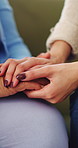 Hands, caregiver and comfort old woman in home for healthcare news, healing support or homecare. Compassion, carer or console senior patient in assisted living for chronic diagnosis, empathy or help