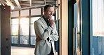 Window, thinking and businessman in office with smile, ambition and planning for realtor. Reflection, space and mature person with investment opportunity, project management and pride in agency