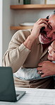 Phone call, father and hug with child, remote work or multitasking with happy daughter for love. Freelancer, parent and girl embrace in home for support, care or bonding with laptop for conversation