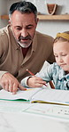 Dad, child and education with book in home school for development, talking or study together. Girl, parent and help for learning, teaching knowledge and homework with project assistance at house