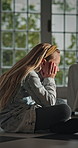 Mental health, sad or child in house with overthinking, anxiety trigger or memory of past trauma. Nerves, overwhelmed or person with depression, flashback or loneliness with childhood emotions.