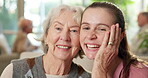 Face, old woman and caregiver with smile in homecare for health support, checkup and kindness. Retirement, happy senior patient and carer in assisted living for service gratitude, affection or laugh