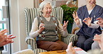 Hands, caregiver and people on retirement with boardgame, strategy and counting for memory game. Smile, nurse and senior group in homecare with activity, cognitive stimulation and social interaction