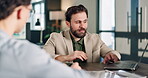 Laptop, discussion and men in office for meeting, budget increase or investment cost info. Review, teamwork or investor with manager for stocks inflation talk, tech and project expansion approval