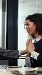 Success, woman and praise in office with support, promotion achievement and clapping with smile. Happy people, applause and congratulations, employee recognition and performance excellence with team