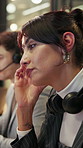 Stress, tired and woman in call center with headache, deadline pressure and difficult customer. Headset, fatigue and mature consultant with migraine for burnout, mistake and coworking in workplace