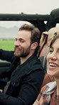 Couple, laughing and road trip outdoor with car, travel and adventure for summer holiday. Smile, people or sightseeing in nature with vehicle, partner support and bonding together on vacation getaway