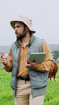 Agriculture, man and counting cows with tablet for herd management, inspection or livestock update. Agribusiness, farmer and digital app in field for cattle farming, animal records and daily tracking