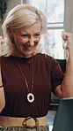 Mature, hairdresser and happy woman with laptop for good news, winning or online booking in salon. Excited, female person or stylist with smile or fist pump on computer for small business success