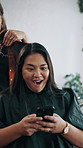 Surprise, stylist and happy woman with phone for good news, winning or notification in barbershop. Excited, female person or customer with smartphone, hairdresser or deal in beauty salon or parlor