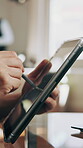 Hands, small business and tablet with man in barbershop for management, planning or research. App, online booking and schedule with person at hairdresser for agenda, calendar review or report