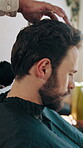 Barber, man and powder brush in salon for hairstyle, cosmetic tools and hygiene for grooming service. People, hairdresser and customer in appointment with hair care equipment, beauty and maintenance.
