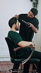 Hairdresser, man and brush in salon with blow dry, grooming service and cosmetic tools for maintenance. People, barber and hairdryer with technique for hairstyle, appointment and customer makeover.