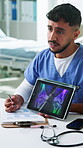 Healthcare, tablet screen and xray with nurse man in hospital for appointment or consulting. App, conversation and knee scan with happy medical professional in clinic for feedback or radiology