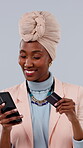 Phone, black woman and credit card for online shopping, web purchase and ecommerce pay in studio. Happy, technology and info for mobile wallet, banking and authentication for virtual account with cvv