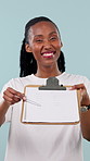 Face, volunteer and black woman with clipboard for survey or registration on a studio background. Portrait, female person or helper with smile for application, wellness campaign or charity sign up
