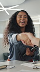 Business people, creative team and meeting with handshake in office for brainstorming deal. Group, agreement or discussion with staff for project schedule, agenda or work delegation for support
