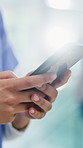 Healthcare, nurse and hands with phone in hospital, networking and communication with contact on web. Clinic, medical professional and person with mobile for chat, message and health update on app