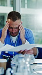 Frustrated, man or nurse with stress in boardroom for overwhelmed pressure or strain in busy office. Male person, healthcare worker or headache with migraine for overworked schedule, tasks or anxiety