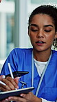Frustrated, nurse or multitasking with technology in hospital for demanding colleagues or pressure. Female person, overwhelmed or busy worker with group tasks or chaos for overworked strain in office