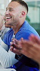 Nurse, team or happy man with applause in workshop for presentation, thank you or congratulations. Male person, doctor or health group clapping together in conference for medical speech or success