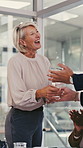 Applause, trophy and business people in office with congratulations, well done or finance achievement. Laugh, clapping hands and financial manager with advisor for investment award in workplace.