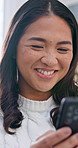 Text, smile and woman in house with phone, internet search and communication on online platform. Happy, digital and Asian person in home with tech, social media update and message on virtual app.
