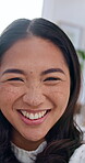 Selfie, smile and face of woman in home for social media post, online memory and live stream. Digital photography, happy and profile picture with person in apartment for weekend break and vlog pov
