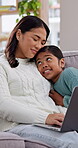 Hug, laptop and mother with daughter on sofa in home for connection, bonding and freelancer break. Remote work support, trust and smile with woman and child in living room of family house for comfort