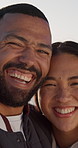 Face, laugh and couple with love outdoor, loyalty and relationship wellness on vacation. Happy man, woman and bonding with funny partner for trust, support and commitment with affection on holiday