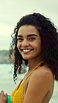 Face, woman and smile at beach with surfboard, travel and adventure for summer holiday. Happy, female person and surfer at sea with portrait, surfing getaway and water activity for tropical vacation