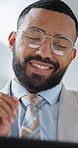 Thinking, tablet and businessman in office for planning on finance report with budget online. Digital technology, glasses and financial manager with choice for investment proposal in workplace.
