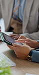 Tablet, team and hands with business people in office for creative campaign, advice and feedback. Communication, web consultant and project kpi with employees in startup agency for planning