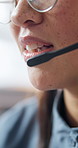 Headset, talking and business woman in office for financial advice, online assistance and contact us. Corporate, call center and person with mic for finance consulting, investment options and help