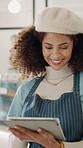 Tablet, woman and barista in cafe for research on inventory, stock list or website menu update. Digital technology, reading and waitress with for online order for hospitality service in coffee shop.