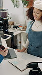 Collect, customer and phone with woman in coffee shop for hospitality or online order. Laptop, service and takeaway with person in startup cafe for food pick up from barista, employee or waitress