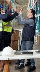 Happy, people and logistics with high five in warehouse for supply chain or distribution success. Excited, employees or team with smile or celebration for winning, good news or achievement in depot