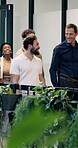 Team, laughing and businessmen in office, arrival and discussion with coworker and idea for project. Business, morning and happy people with plans for assignment, funny conversation and walking