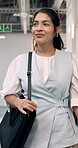 Walking, thinking and smile with business woman in office for commute, reflection and arrival. Perspective, journey and mindset with employee in agency for time management, career and appointment