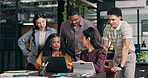 Manager, team and meeting in office with laptop, stock market data analysis and investment advice. Analyst, people and talk with computer, online trading stats and graphs for investor opportunity.